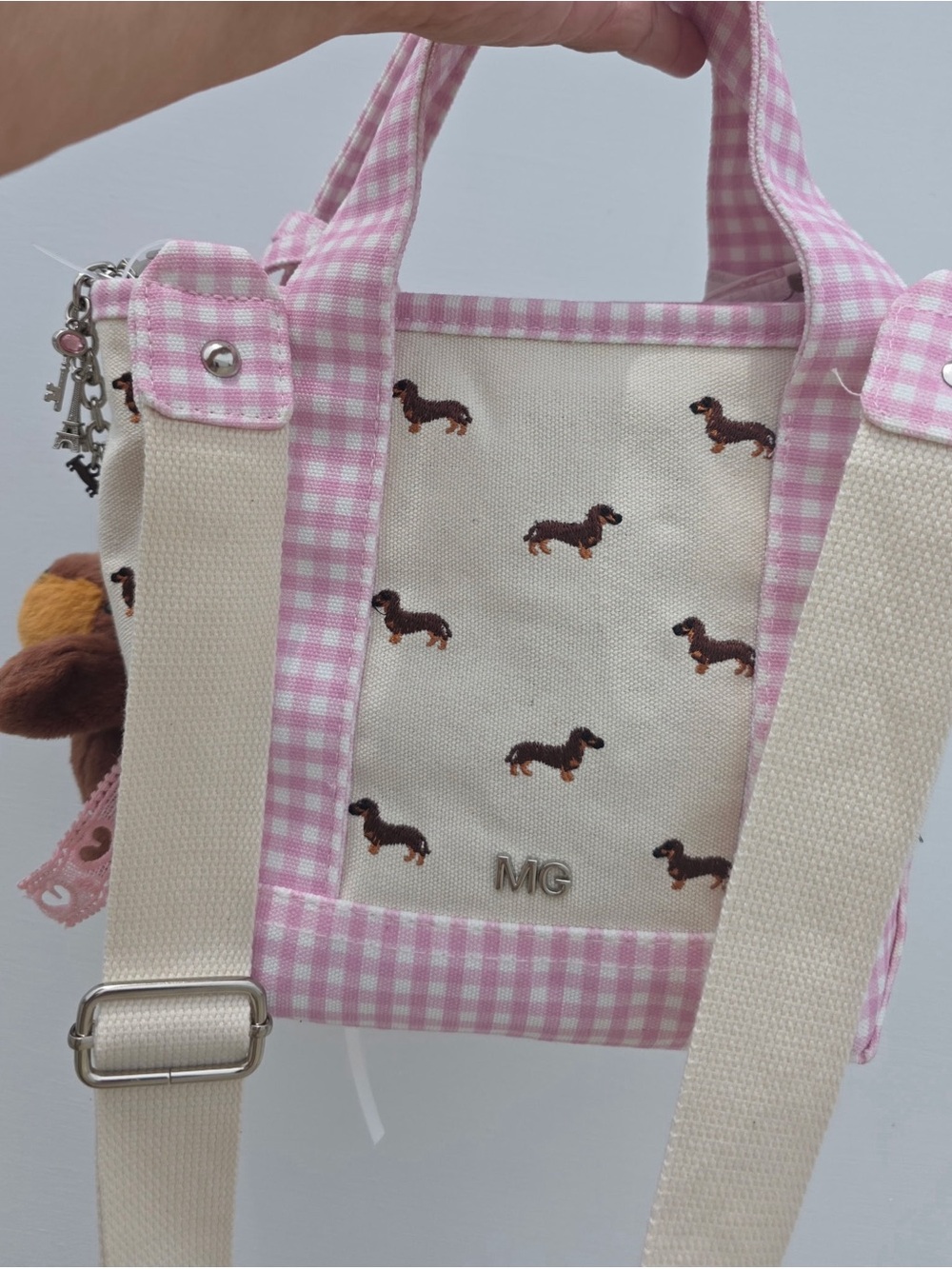 Pink Gingham Canvas Dachshund Tote